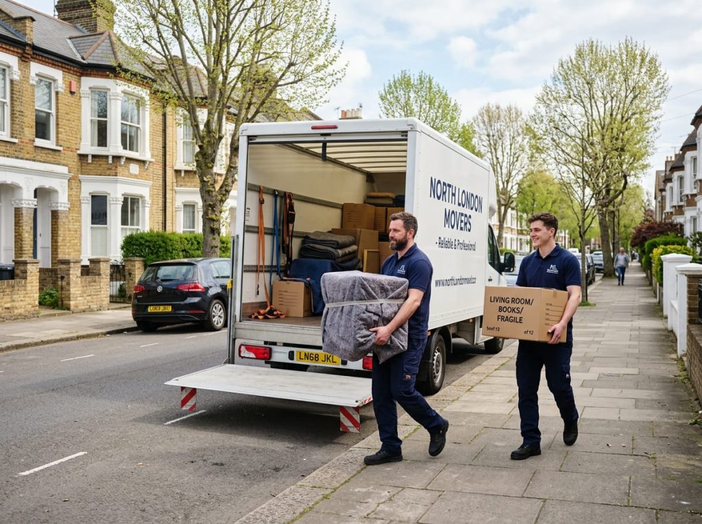 A man and van North London team loading wrapped furniture and boxes into a Luton van on a residential street.
