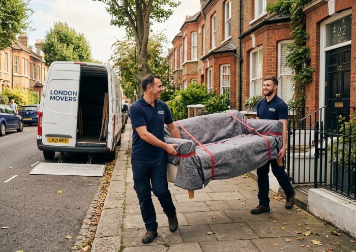 A professional London man and van crew carrying wrapped furniture into a Luton van outside a residential property.