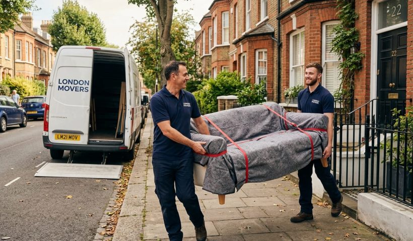 A professional London man and van crew carrying wrapped furniture into a Luton van outside a residential property.