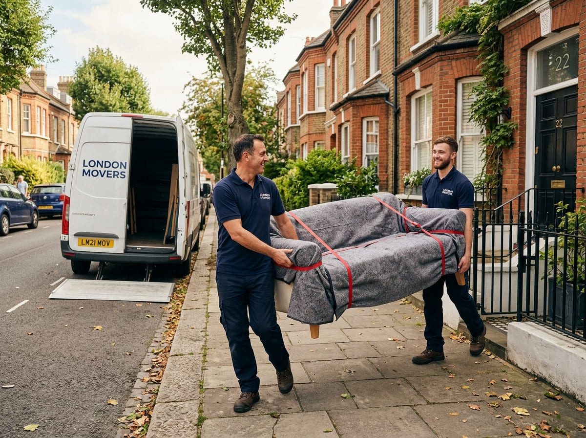 A professional London man and van crew carrying wrapped furniture into a Luton van outside a residential property.