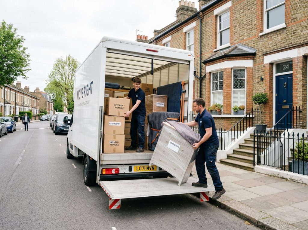 A professional London man and van team loading wrapped furniture and boxes into a Luton van outside a residential property.
