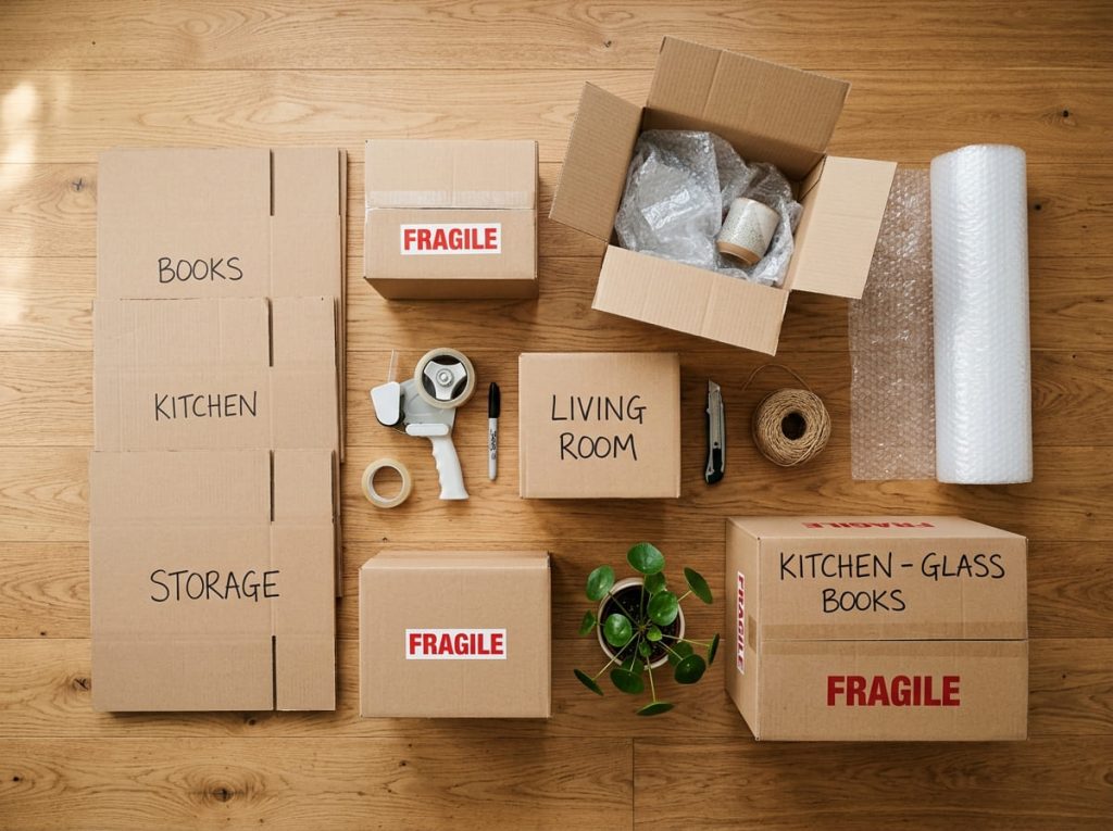 Moving supplies including boxes, bubble wrap, tape, and fragile labels laid out ready for a London move.
