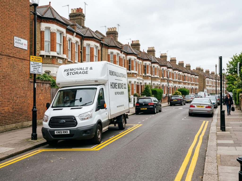 A removals van parked on a London street beside permit parking and yellow line restrictions.
