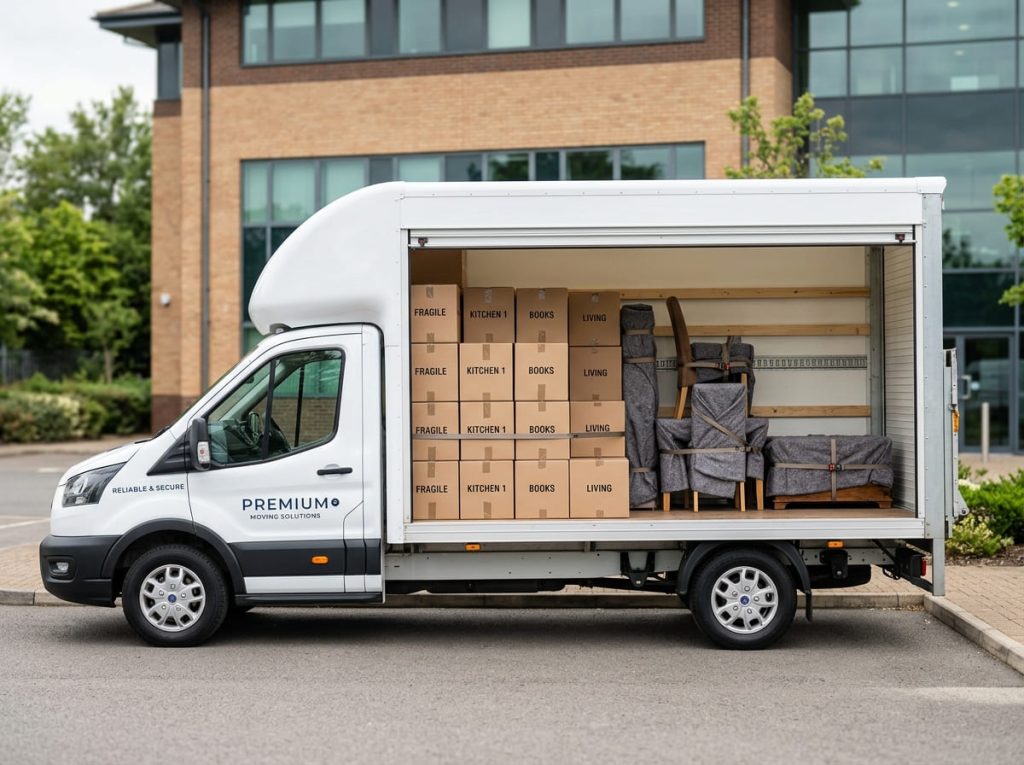 A Luton van with its rear open showing neatly loaded boxes and protected furniture for a London move.
