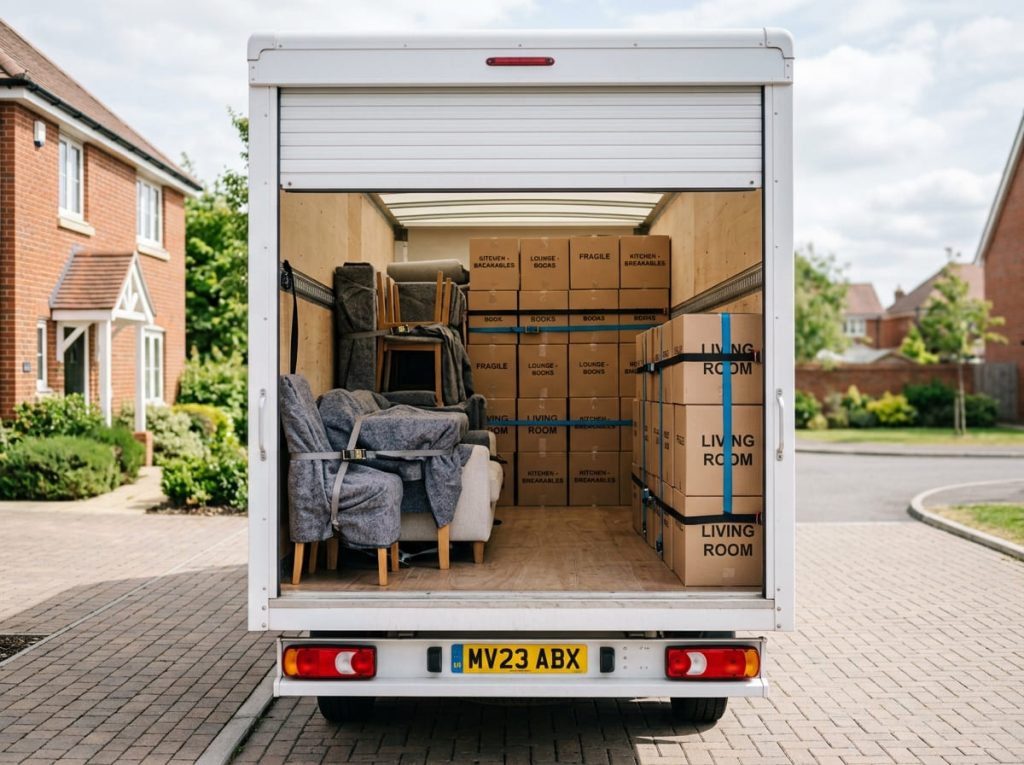A Luton van loaded with neatly stacked boxes and protected furniture for a North London move.
